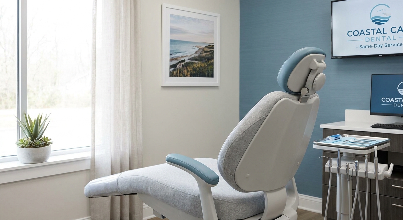 Modern dental examination room with treatment chair and coastal blue accents at Total Smiles of Leland emergency dentist office