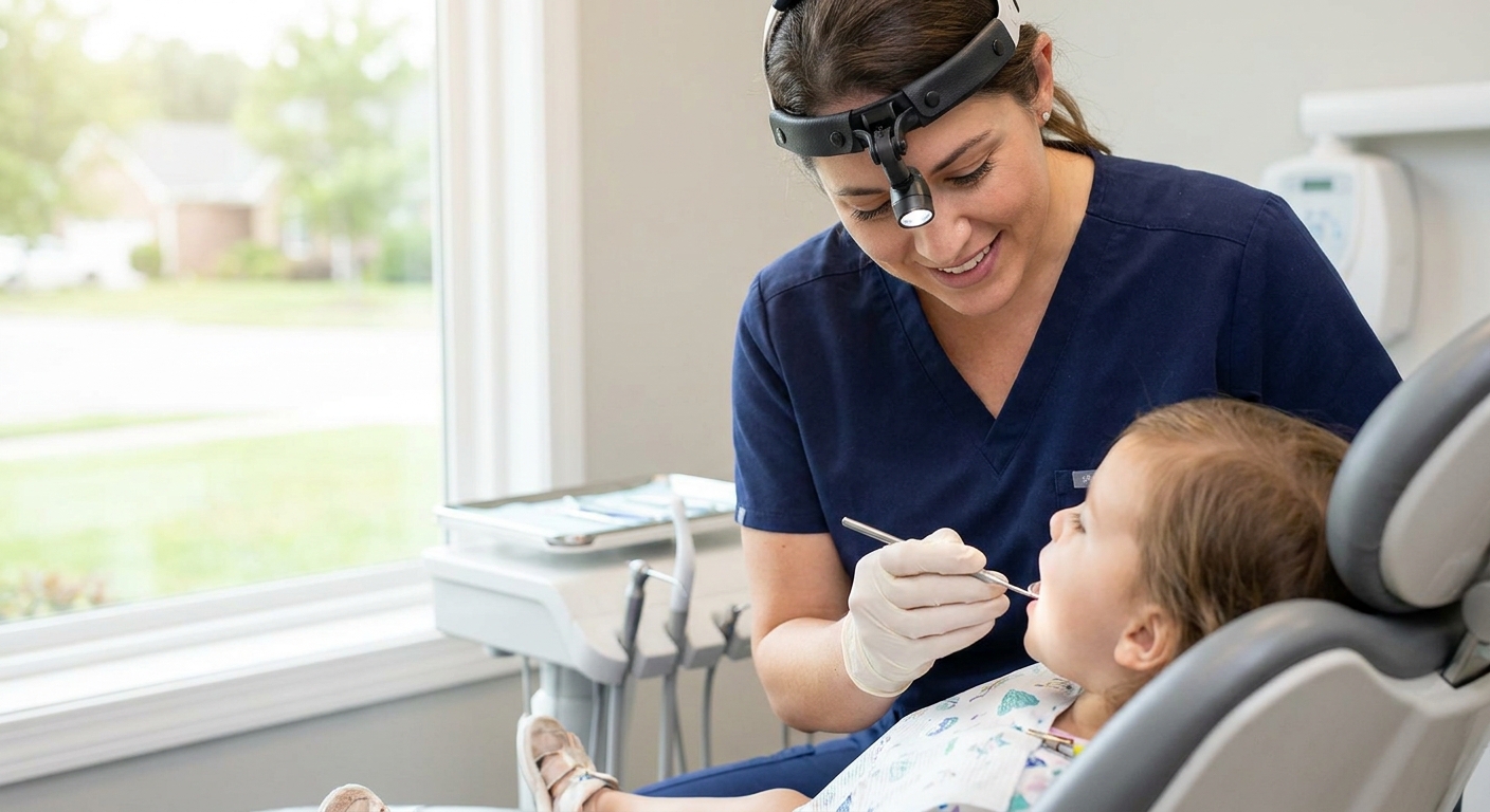 Dentist examining child patient in bright dental office in Leland NC during emergency appointment
