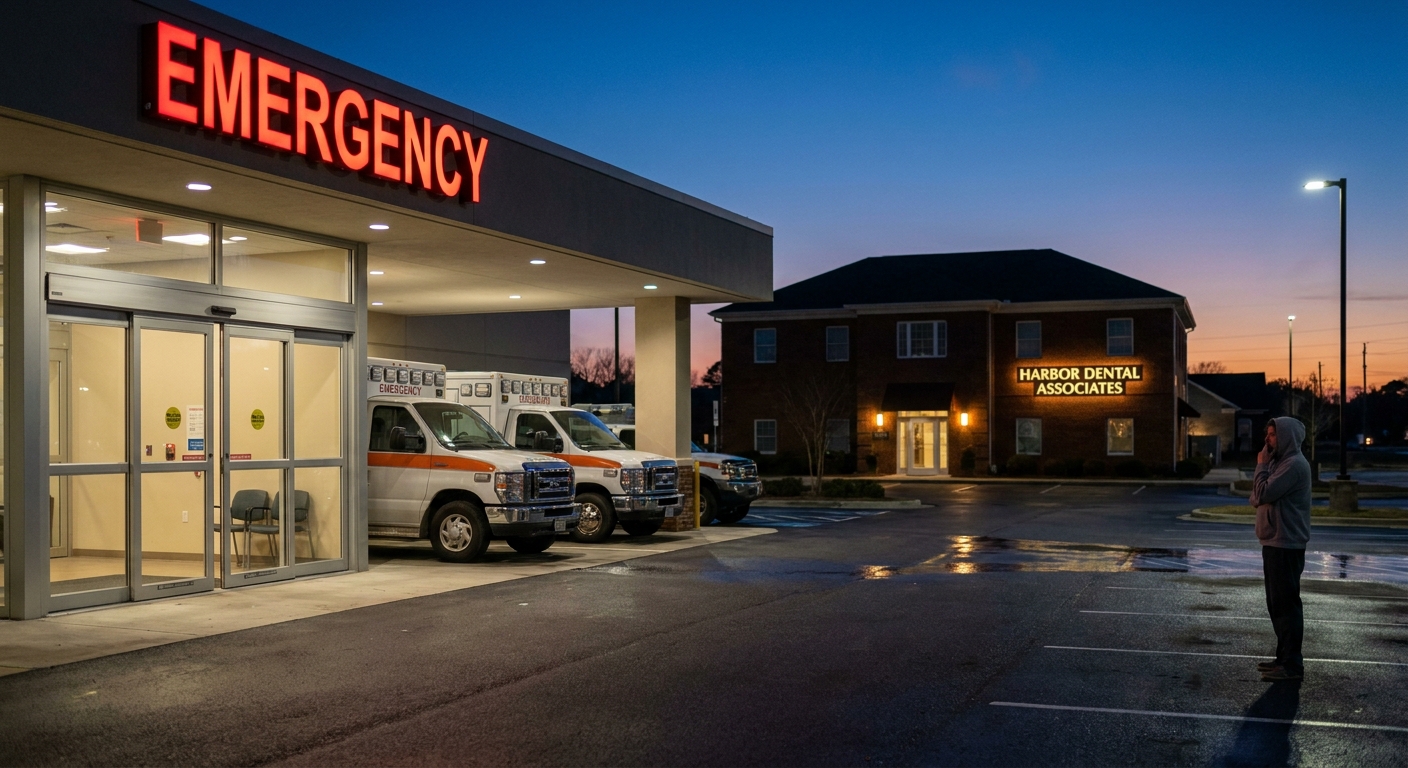 Hospital emergency room entrance at dusk with dental office visible in background, illustrating the choice between ER and dentist for tooth emergencies