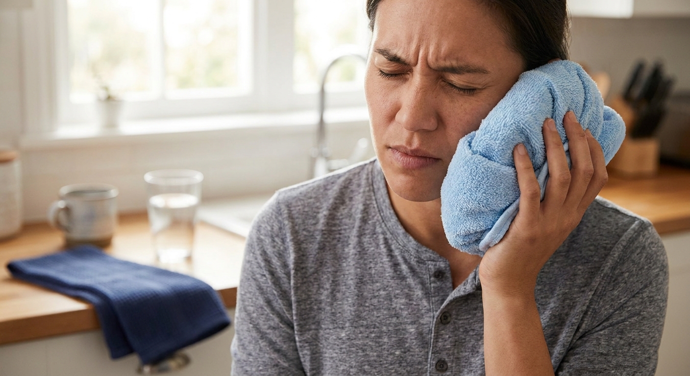 Person holding ice pack to cheek for toothache pain relief at home