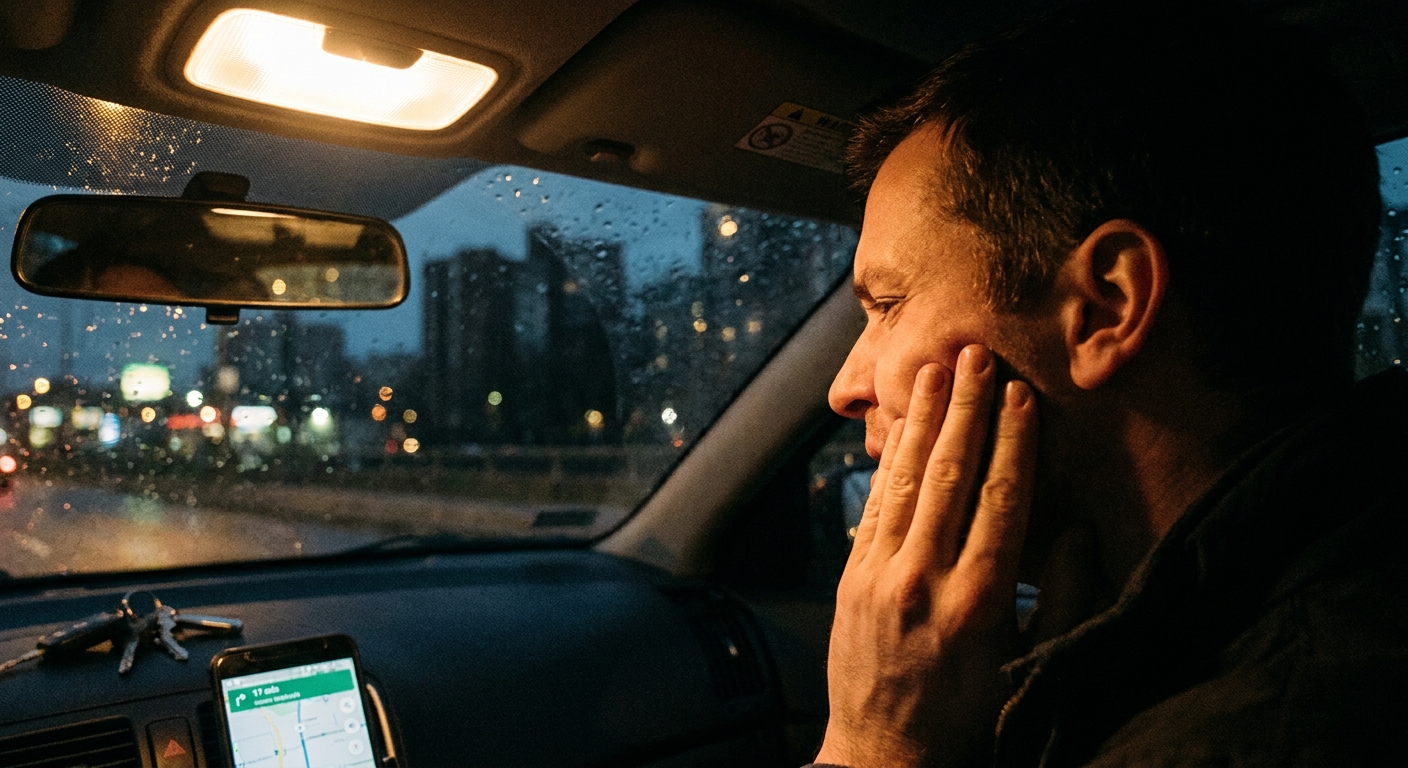 Person holding their jaw in pain while sitting in a car at night, contemplating whether to go to the emergency room for tooth pain